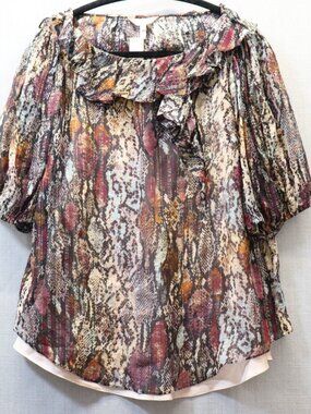 NWT Rebecca Taylor XL SILK Blouse Watercolor Snake Print Gold Metallic Ruffle